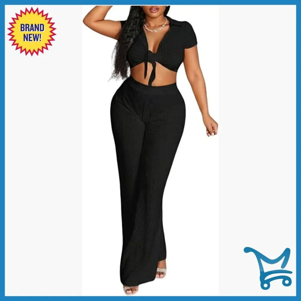 V-Neck Crop Top Wide Leg Pants Matching Set Medium Polyester Vacation Outfit